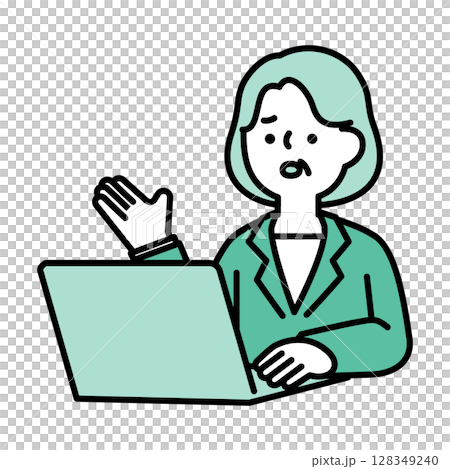 Image illustration of a middle-aged and senior woman with a troubled face having an online conversation 128349240