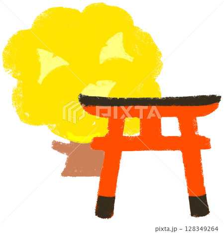 クレヨンタッチ 銀杏が御神体の神社 手描きイラスト クレヨンタッチ 銀杏が御神体の神社 手描きイラスト 128349264