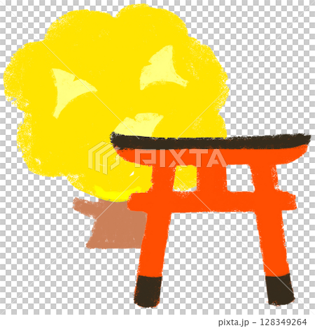 蠟筆觸：以銀杏樹為祭祀對象的神社－手繪插畫 128349264