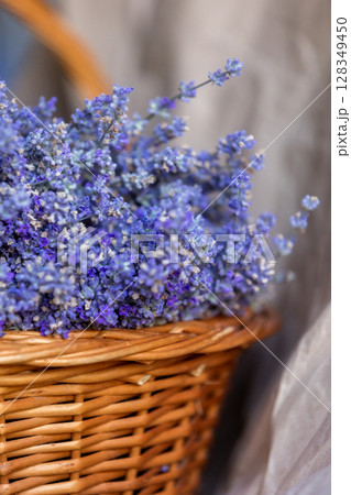 Basket with lavender flowers. Aromatherapy Basket with lavender flowers. Aromatherapy 128349450