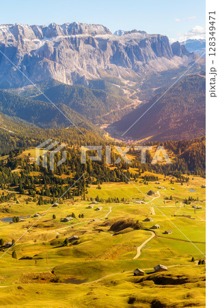Seceda autumn valley landscape, Val Gardena, Italy Seceda autumn valley landscape, Val Gardena, Italy 128349471