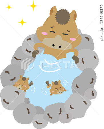 温泉でくつろぐ親子馬のかわいい癒しイラスト｜干支・午年・年賀状にもおすすめ 128349570