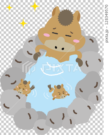可愛又輕鬆的插畫，描繪了母馬和小馬在溫泉中放鬆的場景｜推薦用於馬年和新年賀卡 128349570