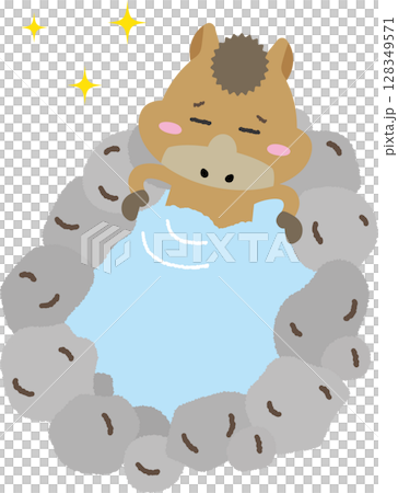 温泉に入ってくつろぐ馬のキャラクター｜フレーム素材にも使える癒し系イラスト 128349571