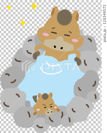 A cute and relaxing illustration of a mother and foal horse relaxing in a hot spring | Recommended for the Year of the Horse and New Year's cards A cute and relaxing illustration of a mother and foal horse relaxing in a hot spring | Recommended for the Year of the Horse and New Year's cards 128349572