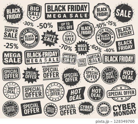 Sale grunge stamp vector set. Black Friday rubber stamp design collection. Mega sale stamp pack. Seal cyber Monday. Vector illustration image. Isolated one white background. 128349700