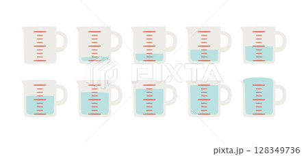 ひと目盛ずつの水が入った計量カップのイラストセット ひと目盛ずつの水が入った計量カップのイラストセット 128349736