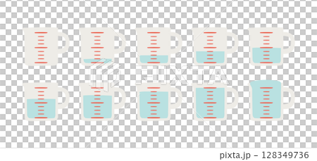 ひと目盛ずつの水が入った計量カップのイラストセット ひと目盛ずつの水が入った計量カップのイラストセット 128349736