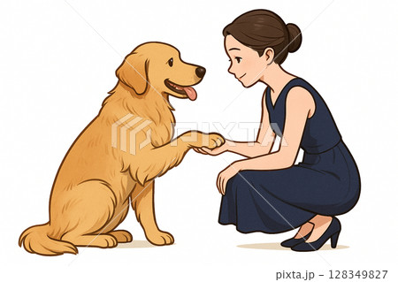 犬にお手をしている女性 犬にお手をしている女性 128349827