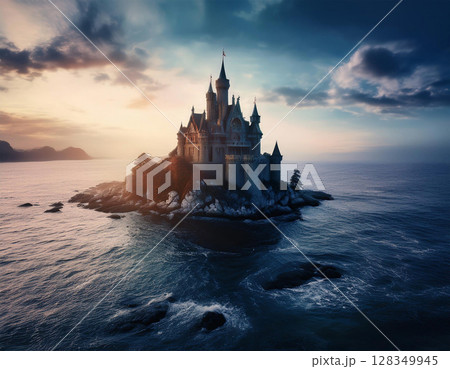 海に浮かぶ幻想的な古城の夕景 128349945