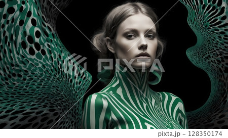 A minimal poster of woman colored tracksuit fashion clothes resembling the silhouette of transformed into sound waves , made in the style of black and white pop-art. 128350174