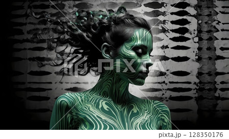 A minimal poster of woman colored tracksuit fashion clothes resembling the silhouette of transformed into sound waves , made in the style of black and white pop-art. 128350176