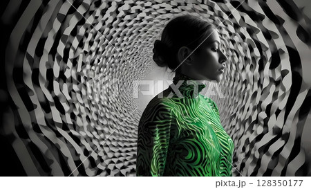 A minimal poster of woman colored tracksuit fashion clothes resembling the silhouette of transformed into sound waves , made in the style of black and white pop-art. 128350177