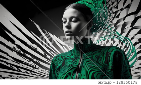 A minimal poster of woman colored tracksuit fashion clothes resembling the silhouette of transformed into sound waves , made in the style of black and white pop-art. 128350178