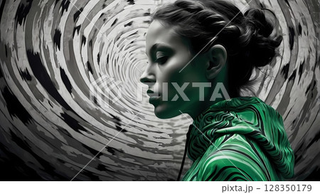 A minimal poster of woman colored tracksuit fashion clothes resembling the silhouette of transformed into sound waves , made in the style of black and white pop-art. 128350179