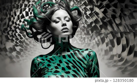 A minimal poster of woman colored tracksuit fashion clothes resembling the silhouette of transformed into sound waves , made in the style of black and white pop-art. 128350180