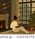 girl sitting on the floor with a computer in a cozy room with a fireplace and a Christmas tree. poster art 128350258