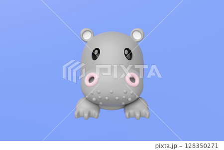 Adorable 3D rendering of a grey cartoon hippopotamus with pink nostrils and glossy black eyes, depicted on a soft light blue background. Perfect for kids content or cute animal themes. 128350271