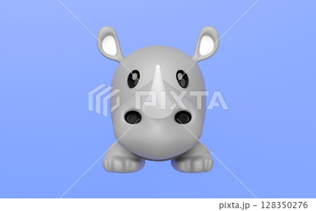 3D cartoon style gray rhino with big eyes, a prominent horn, and small ears, facing forward. Adorable minimalist character on a solid light blue background, perfect for kids themes or branding. 128350276