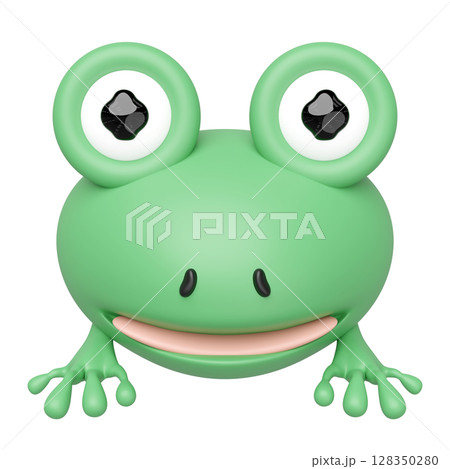 Close up of a charming 3D cartoon frog with large expressive eyes and a wide smile, rendered in bright green against. Ideal for kids, playful designs, and simple mascots. Close up of a charming 3D cartoon frog with large expressive eyes and a wide smile, rendered in bright green against. Ideal for kids, playful designs, and simple mascots. 128350280
