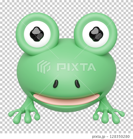 Close up of a charming 3D cartoon frog with large expressive eyes and a wide smile, rendered in bright green against. Ideal for kids, playful designs, and simple mascots. 128350280