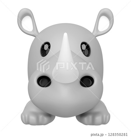 3D cartoon style gray rhino with big eyes, a prominent horn, and small ears, facing forward. Adorable minimalist character, perfect for kids themes or branding. 3D cartoon style gray rhino with big eyes, a prominent horn, and small ears, facing forward. Adorable minimalist character, perfect for kids themes or branding. 128350281