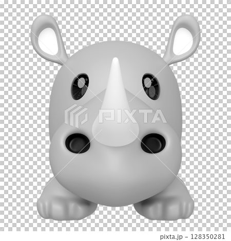 3D cartoon style gray rhino with big eyes, a prominent horn, and small ears, facing forward. Adorable minimalist character, perfect for kids themes or branding. 3D cartoon style gray rhino with big eyes, a prominent horn, and small ears, facing forward. Adorable minimalist character, perfect for kids themes or branding. 128350281