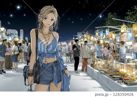 夜の祭りを楽しむ女性のイラスト素材 128350426