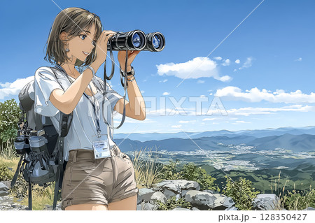 山頂から双眼鏡で風景を楽しむ女性のイラスト素材 128350427