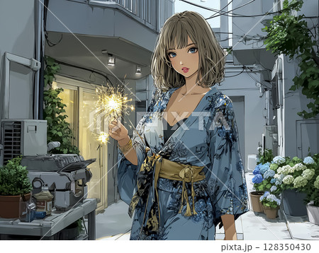 花火を楽しむ浴衣を着た女性のイラスト素材 128350430