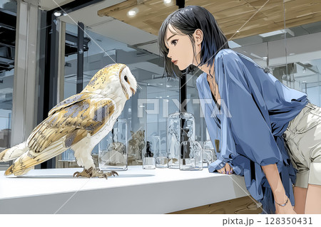 フクロウカフェ　梟に話しかける女性のイラスト素材 128350431