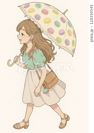 駆け寄る若い女性　マカロン柄傘　Generative AI 128350545
