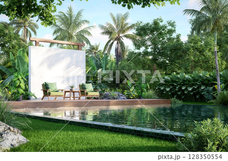3D render of a tropical garden retreat with clear pool, wooden chairs 128350554