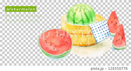 Watercolor vector illustration of watermelon chilled in a bucket 128350776