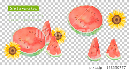 向日葵和切西瓜水彩向量插圖集 128350777