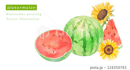 ひまわりとカットスイカの水彩ベクターイラストセット 128350781