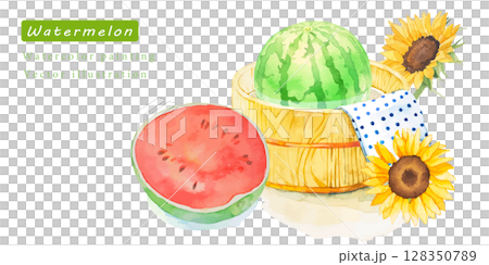向日葵與冰鎮西瓜水彩向量插圖集 128350789