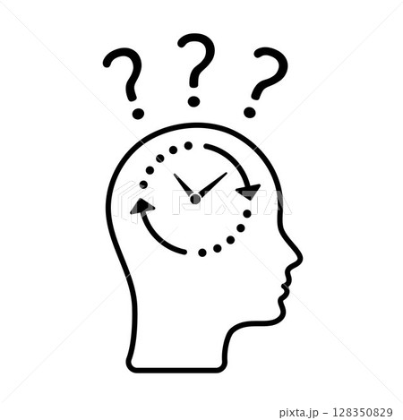 Human Head with Clock and Question Marks, Time Pressure and Decision Confusion, Vector Icon of Thinking Process and Deadline Concept, Black Outline Silhouette. Editable Stroke 128350829