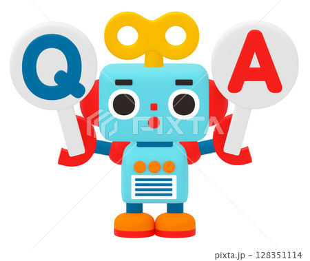 Q&Aのプラカードを持つかわいいロボット Q&Aのプラカードを持つかわいいロボット 128351114