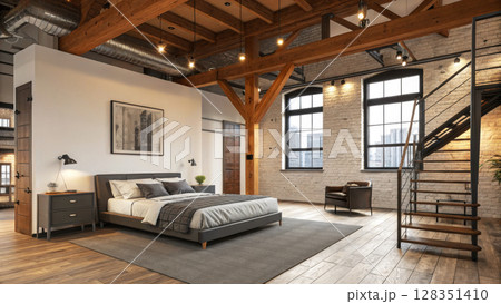 Modern loft bedroom 128351410