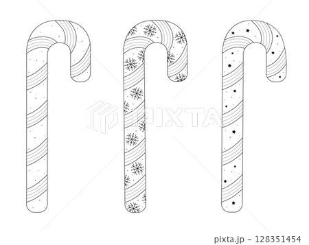 Striped candy canes, decorated winter caramel sweets, black line set 128351454