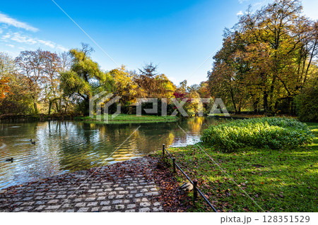 Golden autumn view in famous Munich relax place - Englischer Garten. Munich, Bavaria, Germany Golden autumn view in famous Munich relax place - Englischer Garten. Munich, Bavaria, Germany 128351529