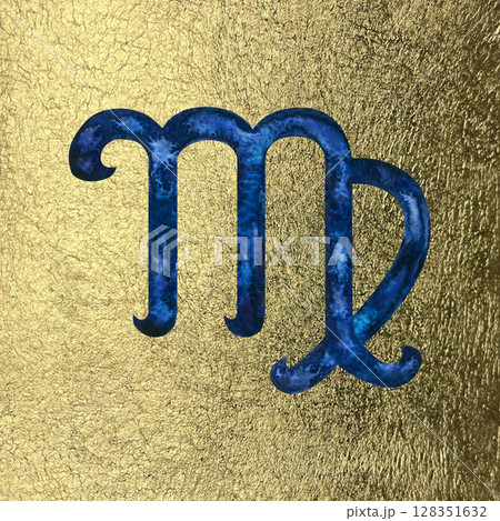 Blue Virgo zodiac symbol with starry sky texture on golden aged gold foil background. Watercolor template for zodiac calendar, astrology design, cards, horoscopes, label, logo, gift, wallpapers Blue Virgo zodiac symbol with starry sky texture on golden aged gold foil background. Watercolor template for zodiac calendar, astrology design, cards, horoscopes, label, logo, gift, wallpapers 128351632