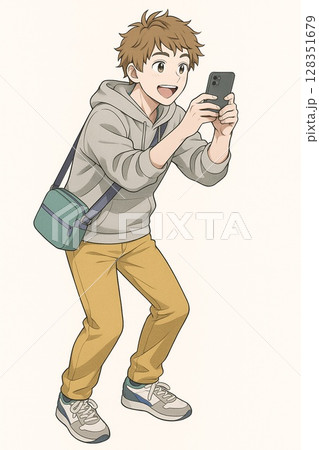 スマホで撮影している男性　漫画イラスト　Generative AI 128351679