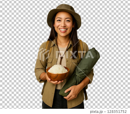 女性露營者和餐食 女性露營者和餐食 128351752