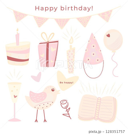 Kawaii birthday doodle set in pastel palette, cute vector stickers in light pink and yellow colors, elements for a postcard 128351757