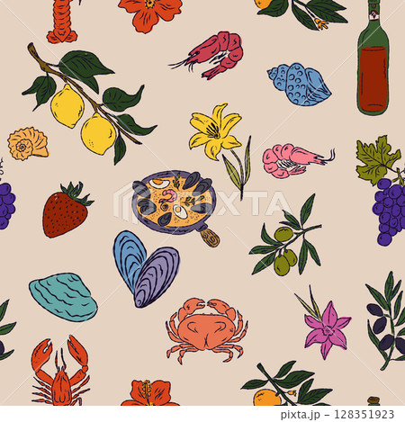 The Dolce Vita collection is a whimsical seamless pattern with vibrant color accents, inspired by the Mediterranean lifestyle. Hand-drawn sketch style 128351923