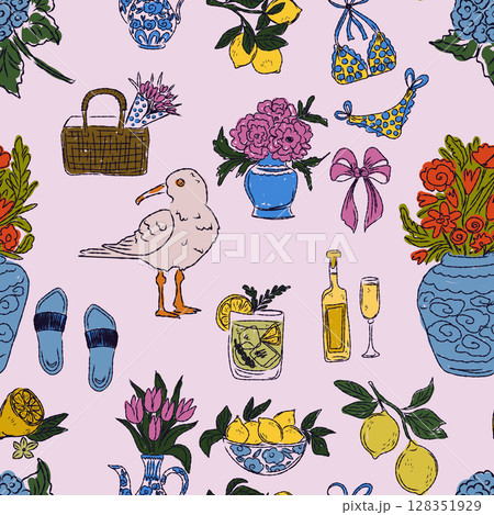 The Dolce Vita collection is a whimsical seamless pattern with vibrant color accents, inspired by the Mediterranean lifestyle. Hand-drawn sketch style The Dolce Vita collection is a whimsical seamless pattern with vibrant color accents, inspired by the Mediterranean lifestyle. Hand-drawn sketch style 128351929
