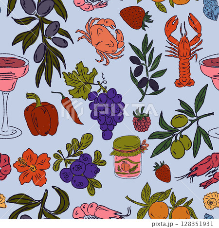 The Dolce Vita collection is a whimsical seamless pattern with vibrant color accents, inspired by the Mediterranean lifestyle. Hand-drawn sketch style 128351931