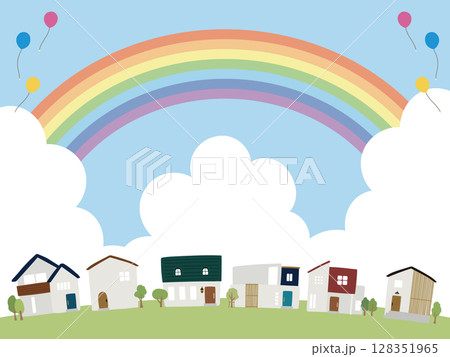 青空に虹がかかる街並みのイラスト 青空に虹がかかる街並みのイラスト 128351965